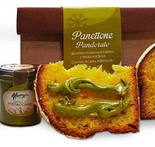 Panettone pandorato al pistacchio con vasetto di crema al pistacchio